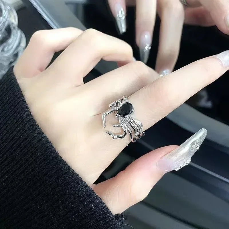 Goth Punk Retro Red Crystal Love Heart Cross Geometry Irregular Open Ring Set Y2K Halloween Accessories for Women Kpop Jewelry