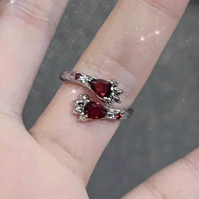 Goth Punk Retro Red Crystal Love Heart Cross Geometry Irregular Open Ring Set Y2K Halloween Accessories for Women Kpop Jewelry