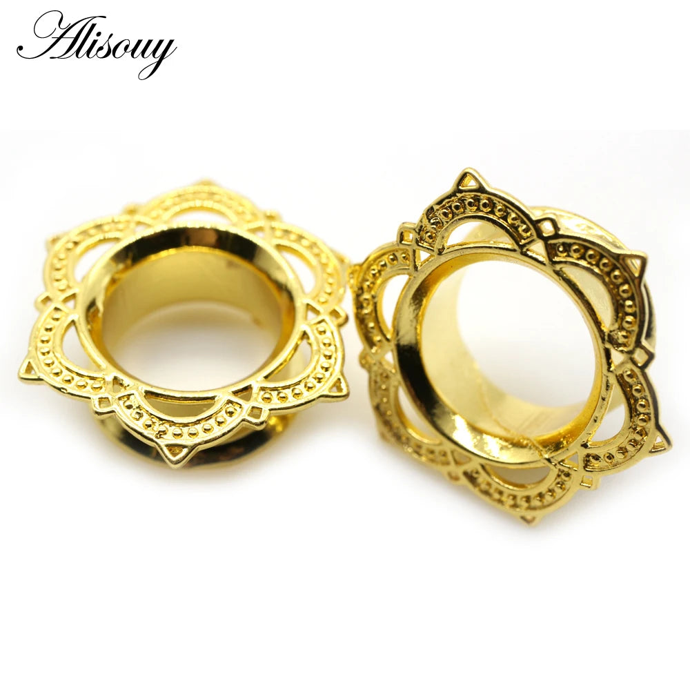 Alisouy 2pcs Copper Brass Stainless Steel Flower Ear Plugs Tunnel Expanders Stretcher Gauges Flesh Piercing Earring Body Jewelry