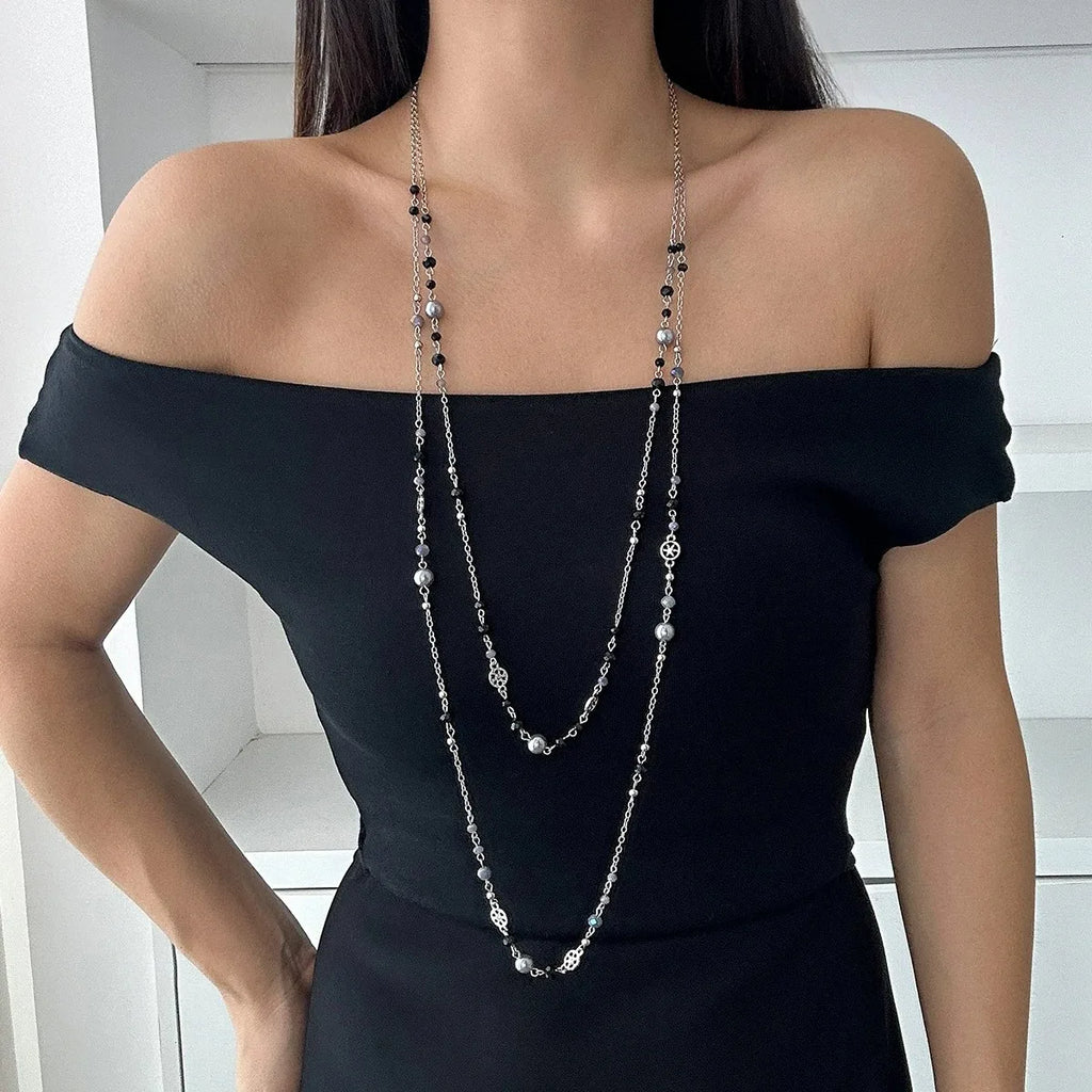 Stackable Double Layered Flower Beaded Chains Necklaces for Women Bohemian Ethnic Style Glass Beaded Sweater Chain Jewelry