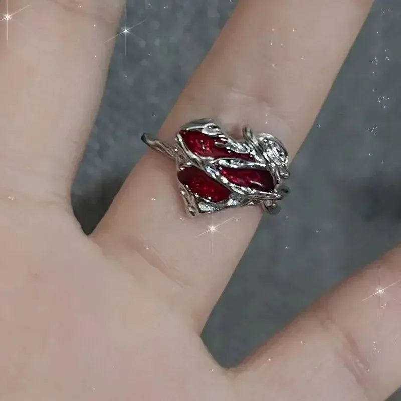Goth Punk Retro Red Crystal Love Heart Cross Geometry Irregular Open Ring Set Y2K Halloween Accessories for Women Kpop Jewelry