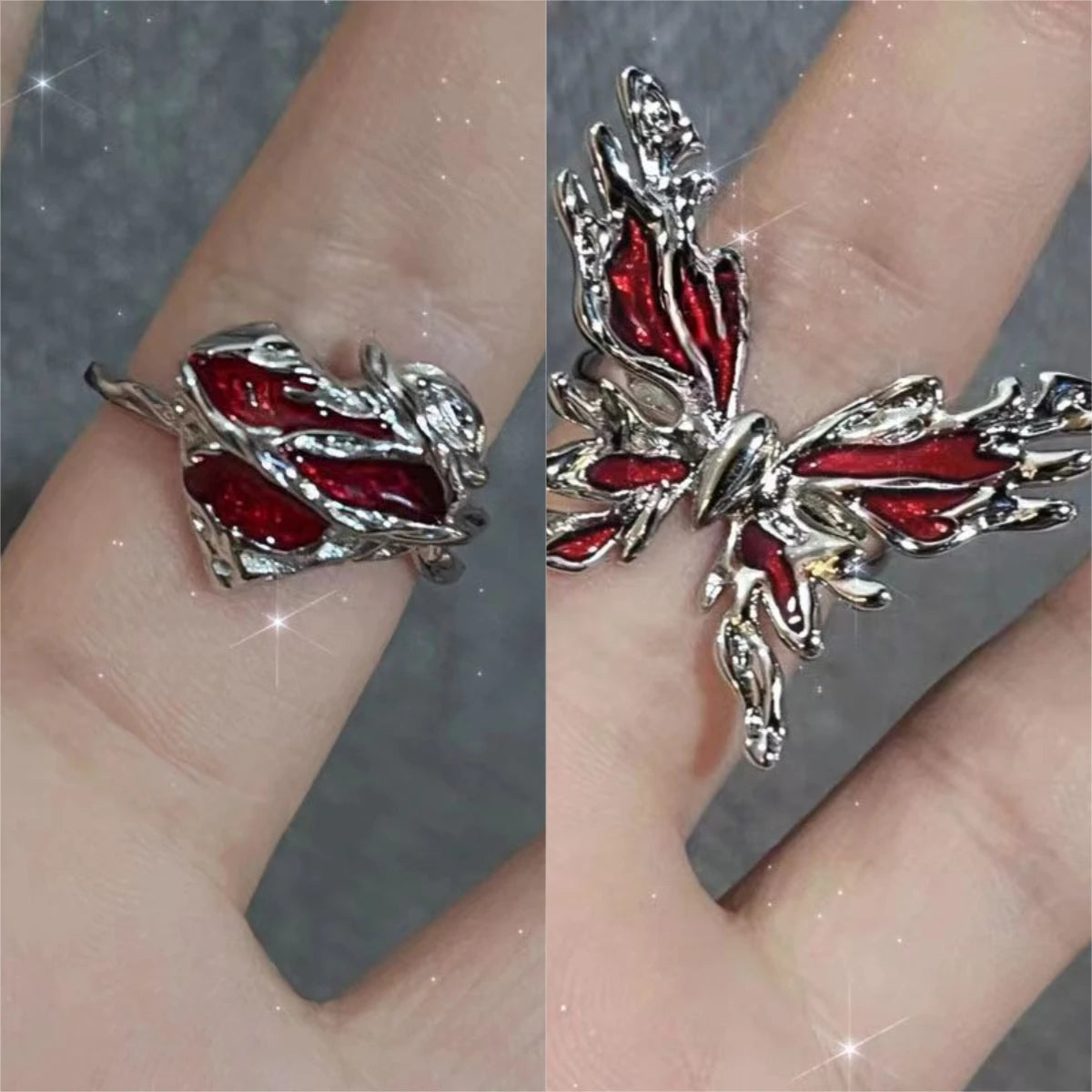 Goth Punk Retro Red Crystal Love Heart Cross Geometry Irregular Open Ring Set Y2K Halloween Accessories for Women Kpop Jewelry