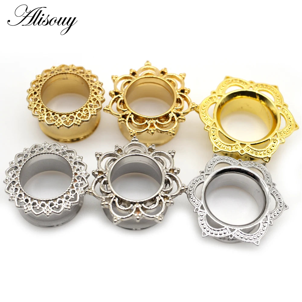 Alisouy 2pcs Copper Brass Stainless Steel Flower Ear Plugs Tunnel Expanders Stretcher Gauges Flesh Piercing Earring Body Jewelry