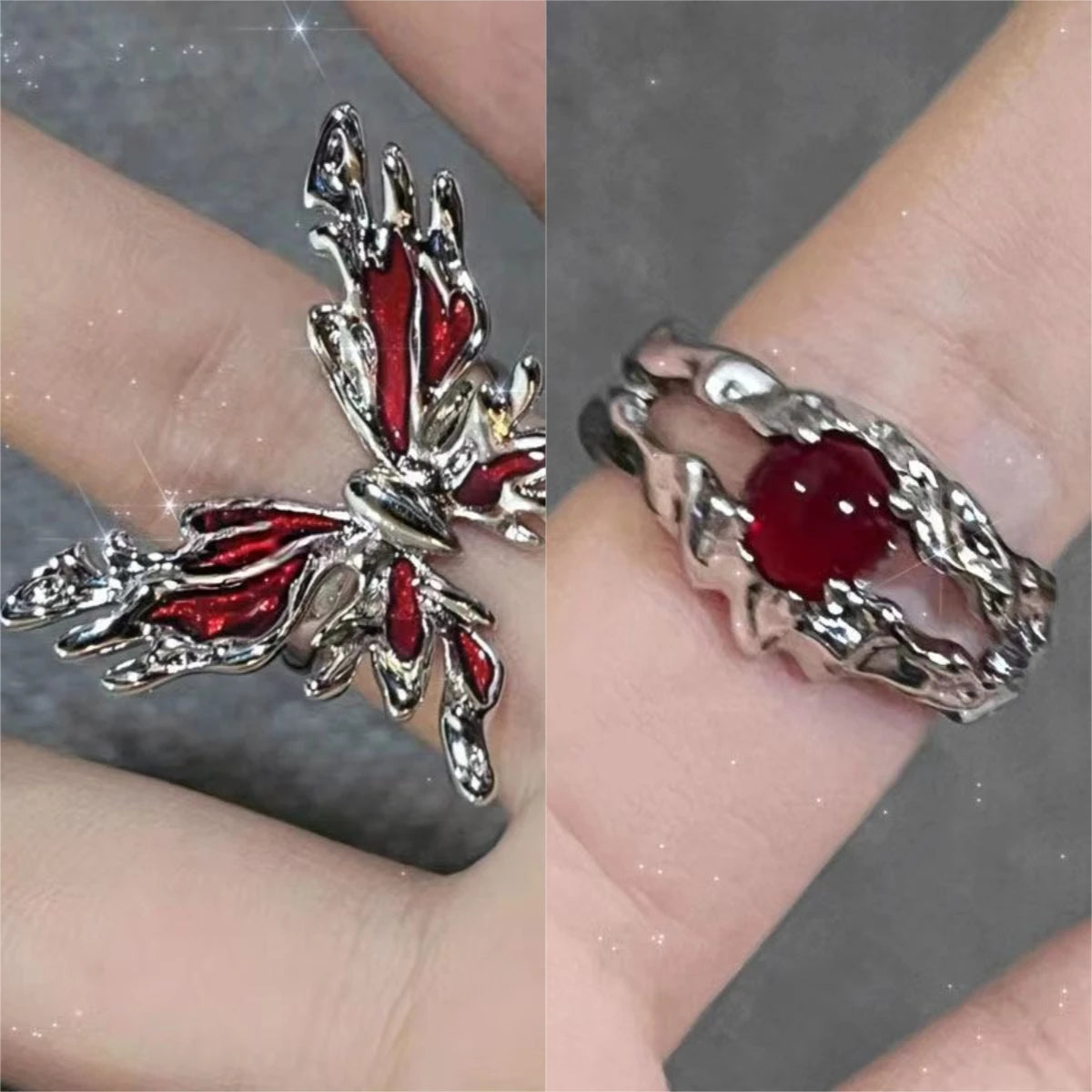 Goth Punk Retro Red Crystal Love Heart Cross Geometry Irregular Open Ring Set Y2K Halloween Accessories for Women Kpop Jewelry
