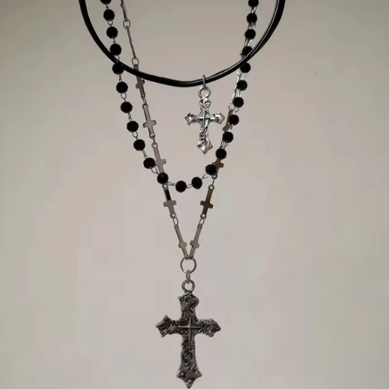 Gothic Punk Style Y2k Bead Cross Pendant Necklace, 3 Pieces/set, Women's Multi-layer Retro Trendy Accessory Jewelry