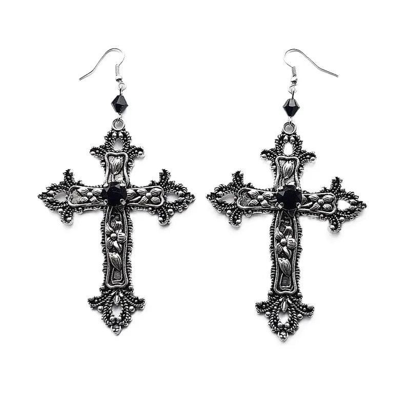 Goth Large Detailed Cross Black Drill Jewel Earrings Silver Color Gothic Punk Jewellery Fashion Gorgeous Statement Women Gift