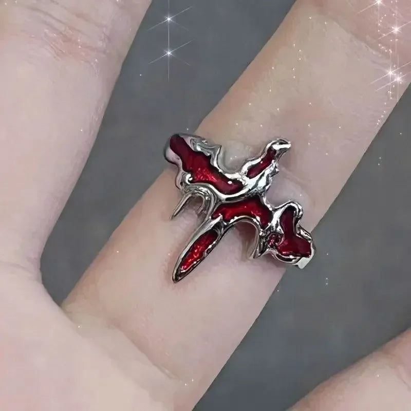 Goth Punk Retro Red Crystal Love Heart Cross Geometry Irregular Open Ring Set Y2K Halloween Accessories for Women Kpop Jewelry