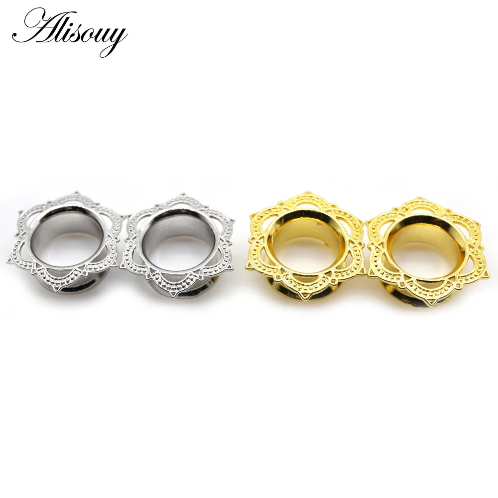 Alisouy 2pcs Copper Brass Stainless Steel Flower Ear Plugs Tunnel Expanders Stretcher Gauges Flesh Piercing Earring Body Jewelry