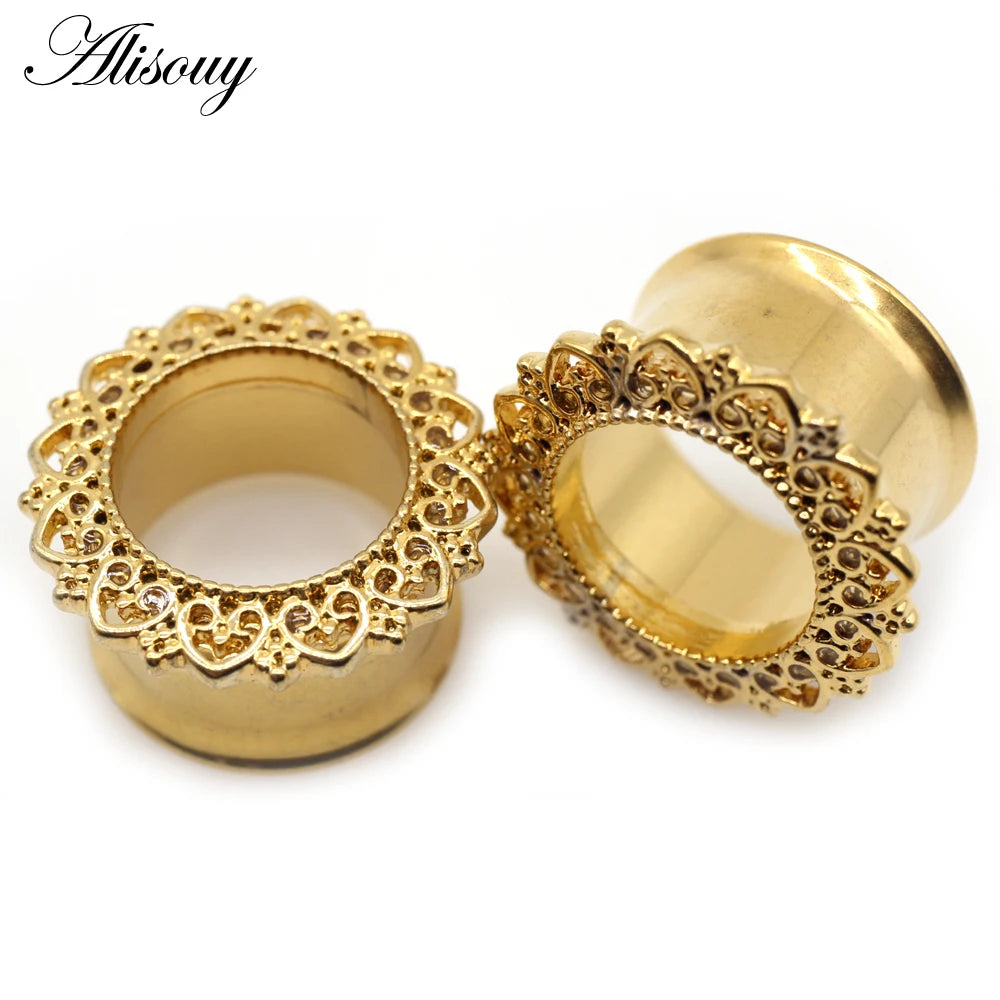 Alisouy 2pcs Copper Brass Stainless Steel Flower Ear Plugs Tunnel Expanders Stretcher Gauges Flesh Piercing Earring Body Jewelry