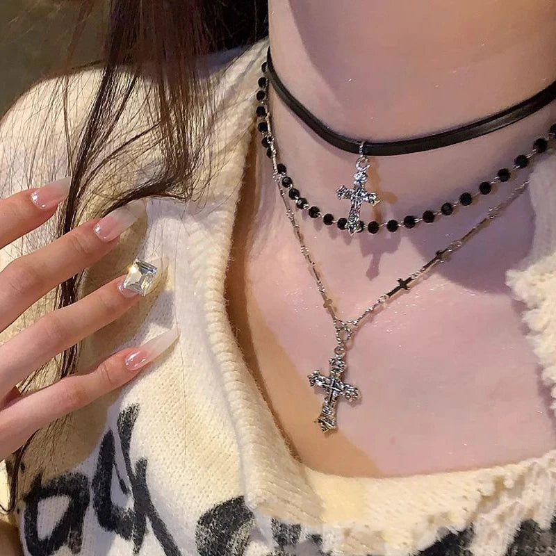 Gothic Punk Style Y2k Bead Cross Pendant Necklace, 3 Pieces/set, Women's Multi-layer Retro Trendy Accessory Jewelry