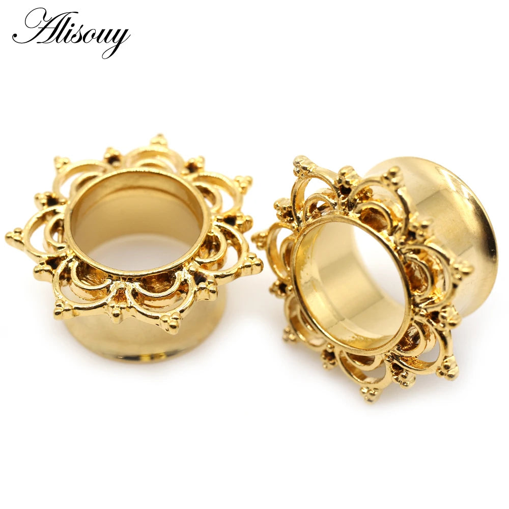 Alisouy 2pcs Copper Brass Stainless Steel Flower Ear Plugs Tunnel Expanders Stretcher Gauges Flesh Piercing Earring Body Jewelry