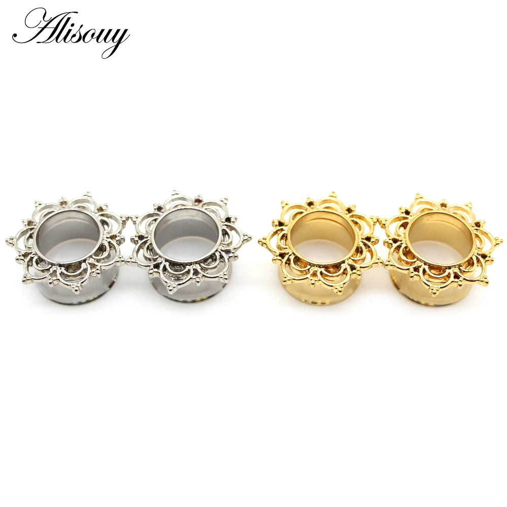 Alisouy 2pcs Copper Brass Stainless Steel Flower Ear Plugs Tunnel Expanders Stretcher Gauges Flesh Piercing Earring Body Jewelry