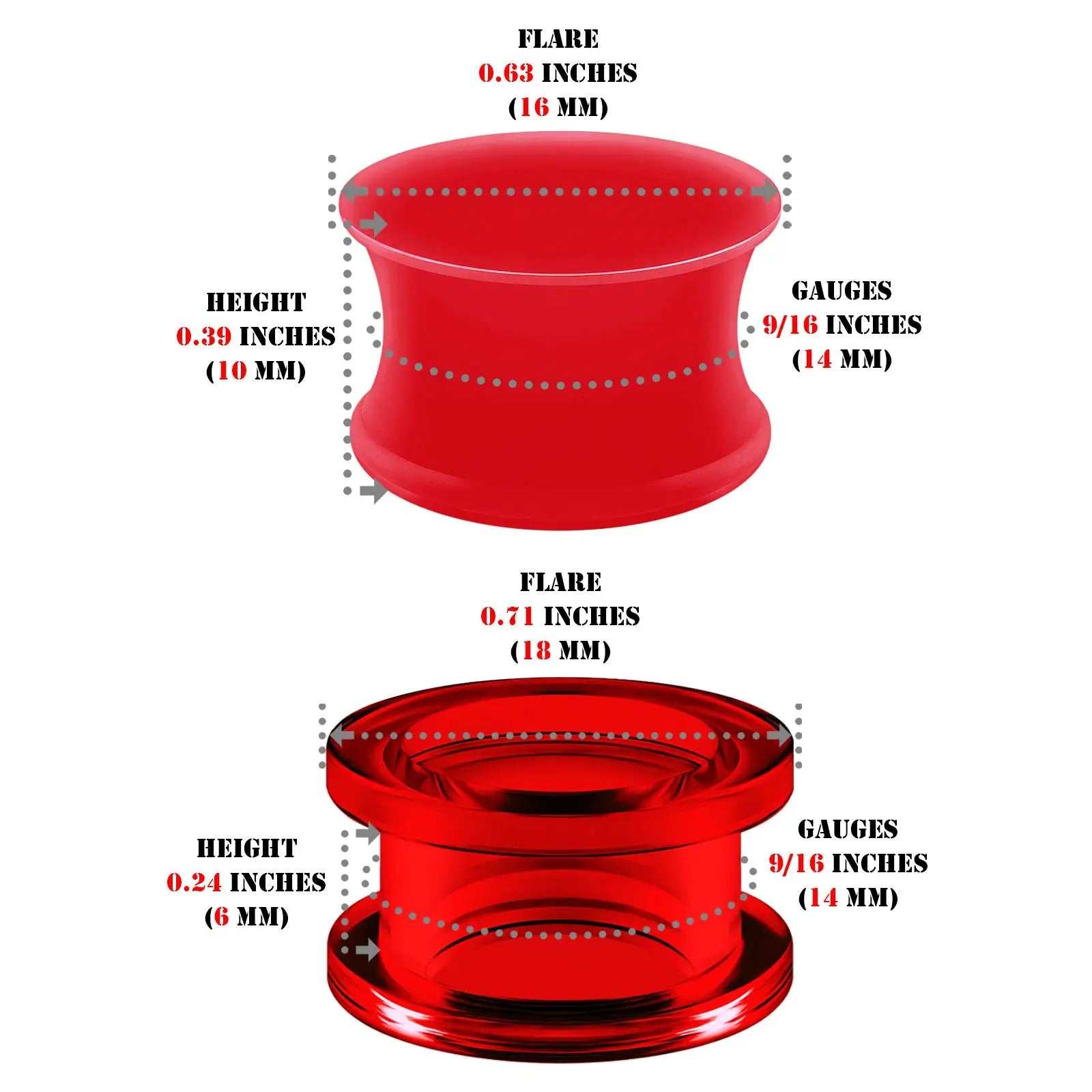 1 Pair Red Silicone Double Flared Saddle Piercing Jewelry Stretcher Ear Plugs Earring Lobe Acrylic External Flesh Tunnel 3-20mm