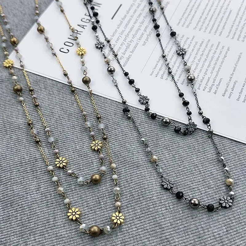 Stackable Double Layered Flower Beaded Chains Necklaces for Women Bohemian Ethnic Style Glass Beaded Sweater Chain Jewelry