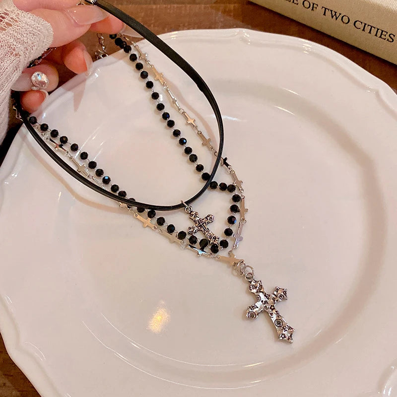 Gothic Punk Style Y2k Bead Cross Pendant Necklace, 3 Pieces/set, Women's Multi-layer Retro Trendy Accessory Jewelry