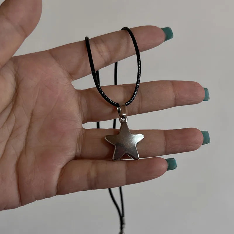 New Korean Fashion Hollow Titanium Steel Star Pentagram Pendant Necklace for Women Men Black Rope Chain Choker Y2k Party Jewelry