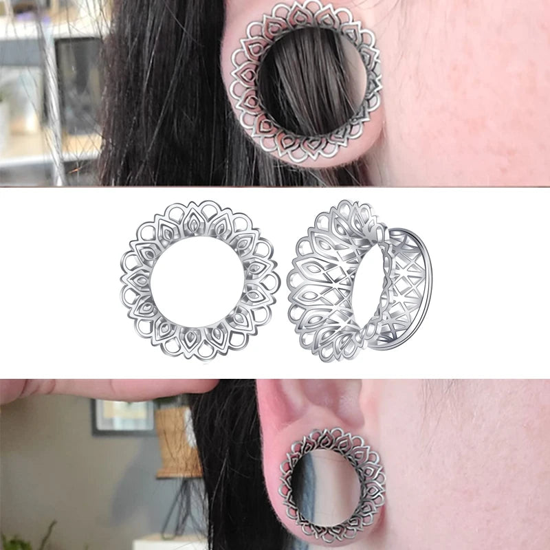 2PCS Ear Gauges Brass Hollow Flower Earring Tunnels Plugs Piercing Women Body Jewelry Expander Stretchers Gauge for Ear