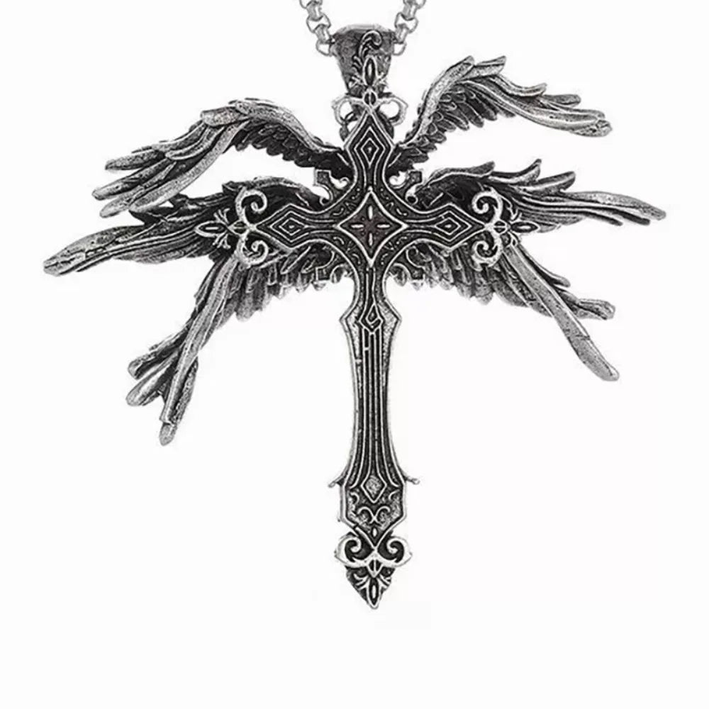 Retro Gothic Jesus Wings Cross Pendant Necklace Jewelry for Men Women Large Vintage Dark Punk Religious Amulet Necklaces Gifts