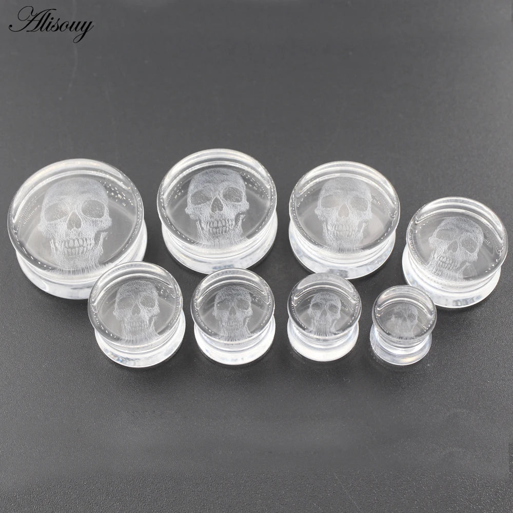 Alisouy 2PCS New Transparent Glass Skull Flared Ear Tunnels Plugs Flesh Stretcher Expander Gauges Earrings Piercing Body Jewelry