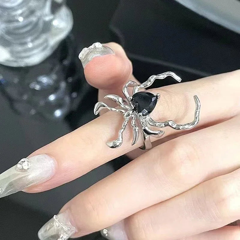 Goth Punk Retro Red Crystal Love Heart Cross Geometry Irregular Open Ring Set Y2K Halloween Accessories for Women Kpop Jewelry