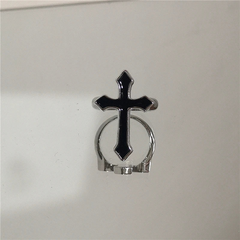 Punk Harajuku Goth Thorns Black Silver Color Irregular Heart Cross Open Ring For Women Men Lover Vintage 90s Y2K Grunge Jewely