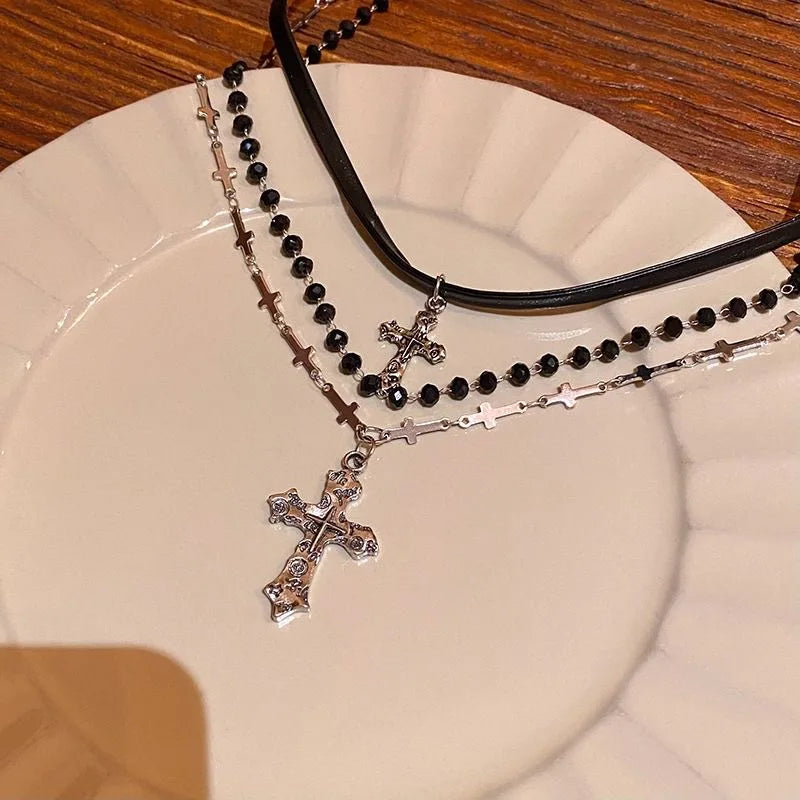 Gothic Punk Style Y2k Bead Cross Pendant Necklace, 3 Pieces/set, Women's Multi-layer Retro Trendy Accessory Jewelry
