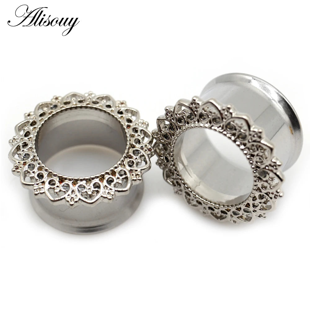 Alisouy 2pcs Copper Brass Stainless Steel Flower Ear Plugs Tunnel Expanders Stretcher Gauges Flesh Piercing Earring Body Jewelry