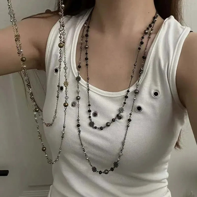 Stackable Double Layered Flower Beaded Chains Necklaces for Women Bohemian Ethnic Style Glass Beaded Sweater Chain Jewelry