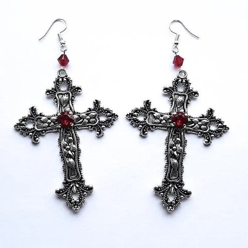 Goth Large Detailed Cross Black Drill Jewel Earrings Silver Color Gothic Punk Jewellery Fashion Gorgeous Statement Women Gift