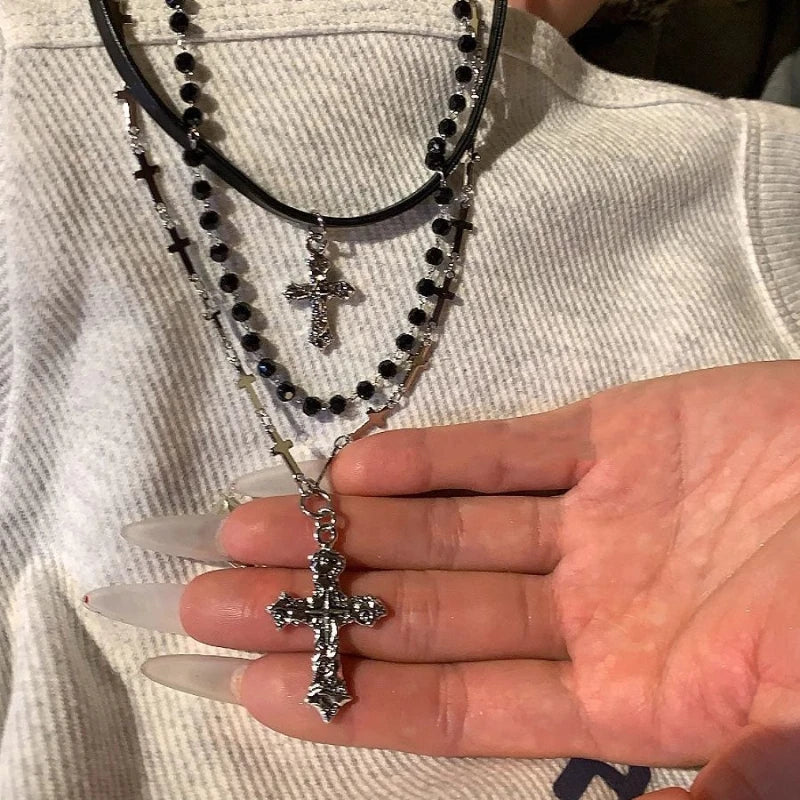 Gothic Punk Style Y2k Bead Cross Pendant Necklace, 3 Pieces/set, Women's Multi-layer Retro Trendy Accessory Jewelry