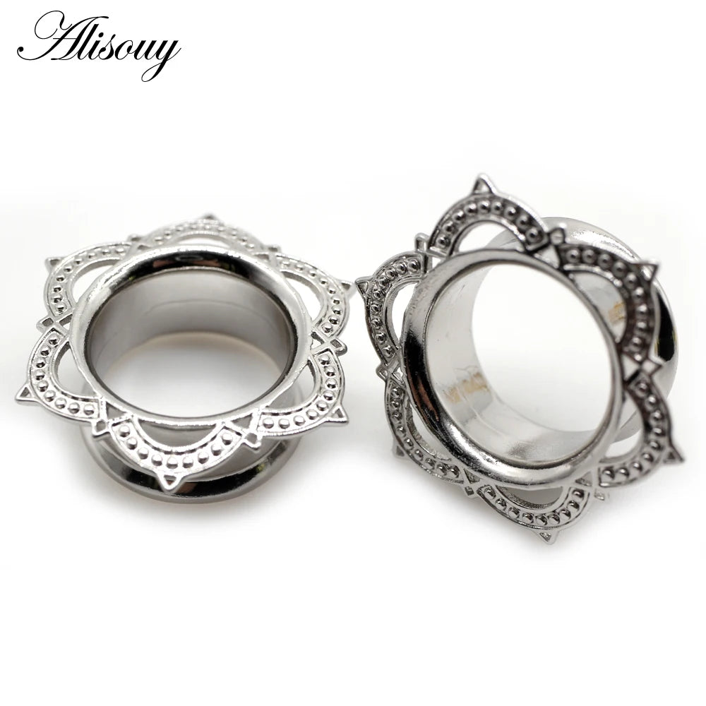 Alisouy 2pcs Copper Brass Stainless Steel Flower Ear Plugs Tunnel Expanders Stretcher Gauges Flesh Piercing Earring Body Jewelry