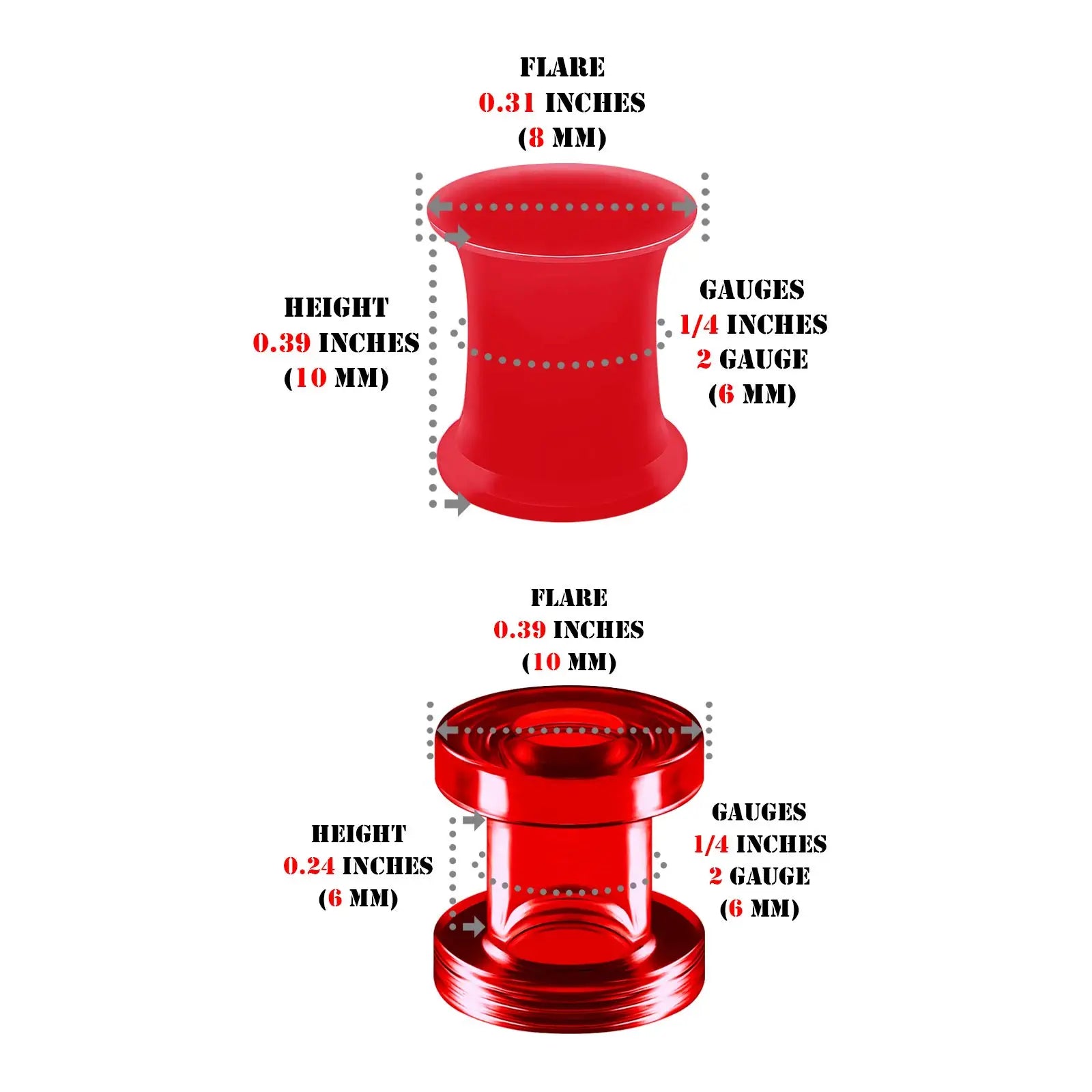 1 Pair Red Silicone Double Flared Saddle Piercing Jewelry Stretcher Ear Plugs Earring Lobe Acrylic External Flesh Tunnel 3-20mm