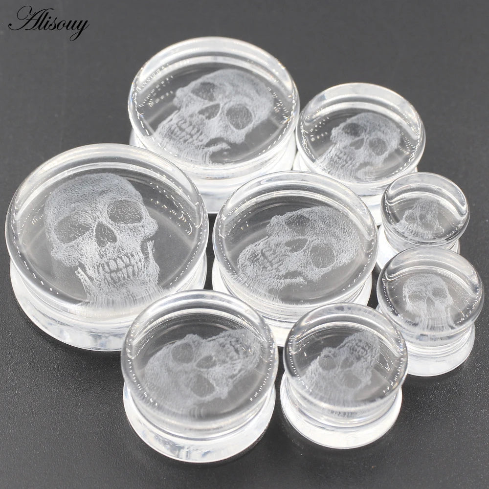 Alisouy 2PCS New Transparent Glass Skull Flared Ear Tunnels Plugs Flesh Stretcher Expander Gauges Earrings Piercing Body Jewelry
