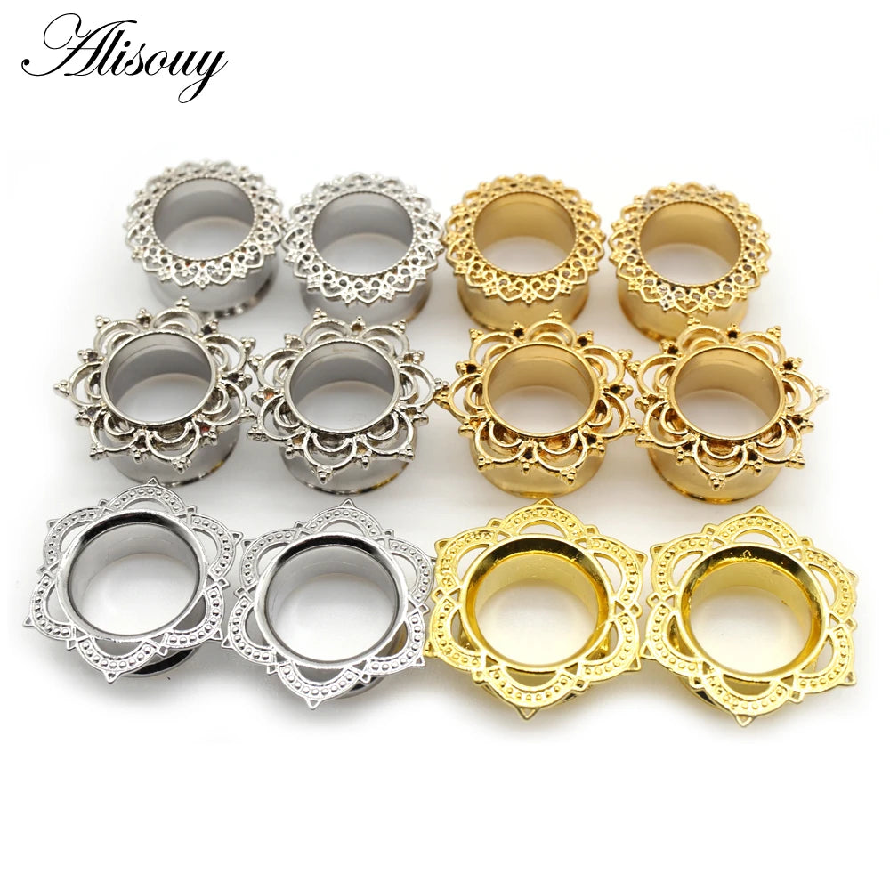 Alisouy 2pcs Copper Brass Stainless Steel Flower Ear Plugs Tunnel Expanders Stretcher Gauges Flesh Piercing Earring Body Jewelry