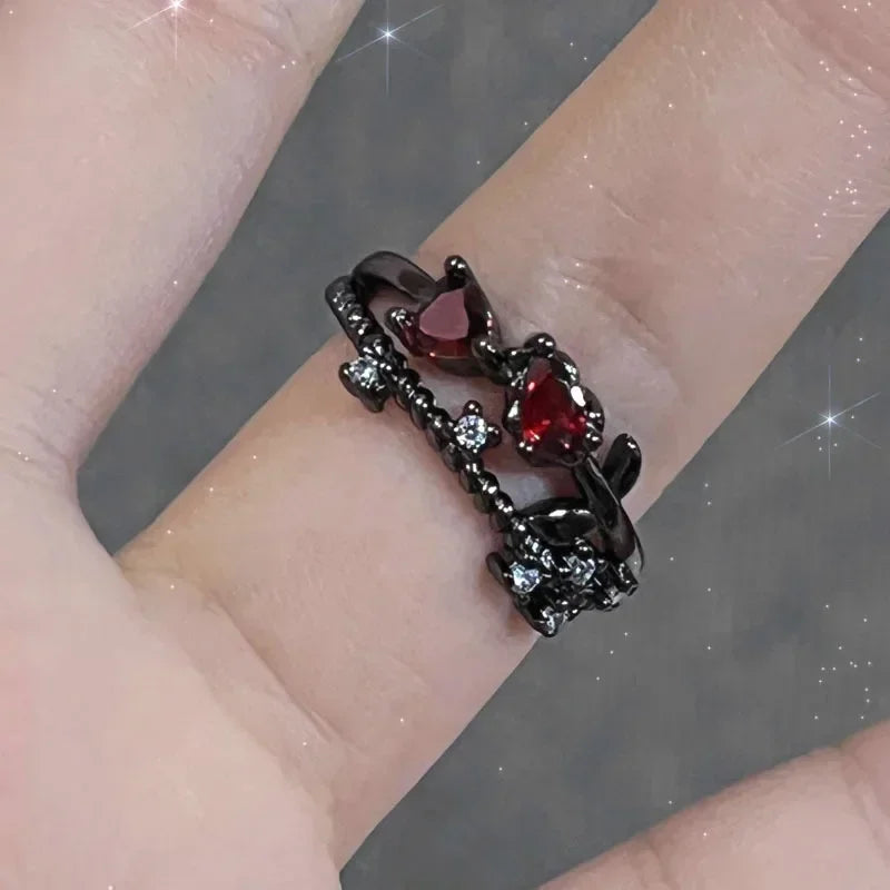 Goth Punk Retro Red Crystal Love Heart Cross Geometry Irregular Open Ring Set Y2K Halloween Accessories for Women Kpop Jewelry
