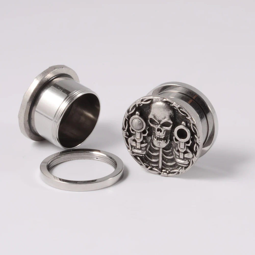 1PC Punk Stainless Steel Skeleton Ear Stretchers Tunnel External Thread Vintage Ear Gauge Plugs Expander Body Piercing Jewelry
