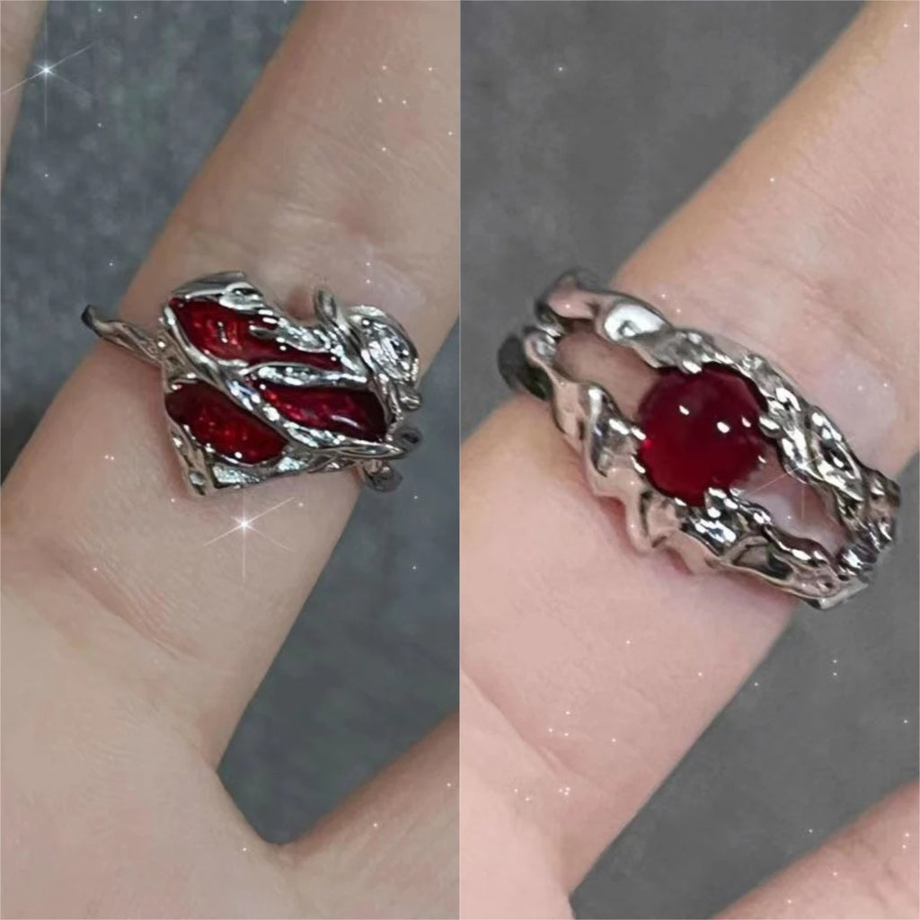 Goth Punk Retro Red Crystal Love Heart Cross Geometry Irregular Open Ring Set Y2K Halloween Accessories for Women Kpop Jewelry