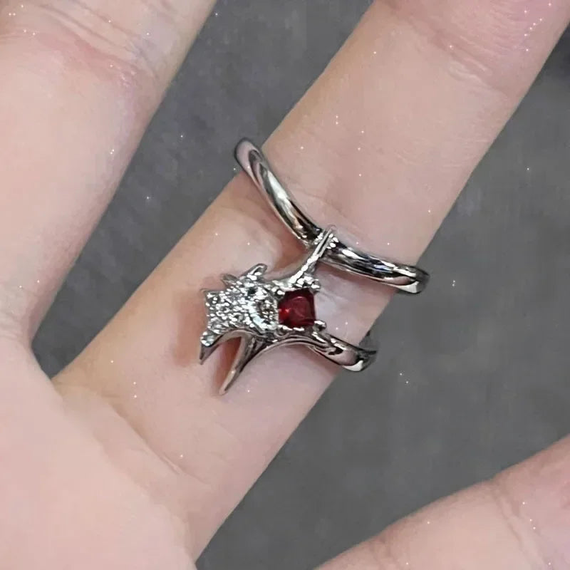 Goth Punk Retro Red Crystal Love Heart Cross Geometry Irregular Open Ring Set Y2K Halloween Accessories for Women Kpop Jewelry