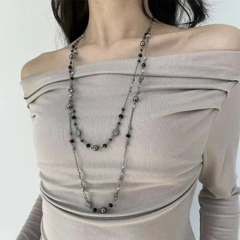 Stackable Double Layered Flower Beaded Chains Necklaces for Women Bohemian Ethnic Style Glass Beaded Sweater Chain Jewelry