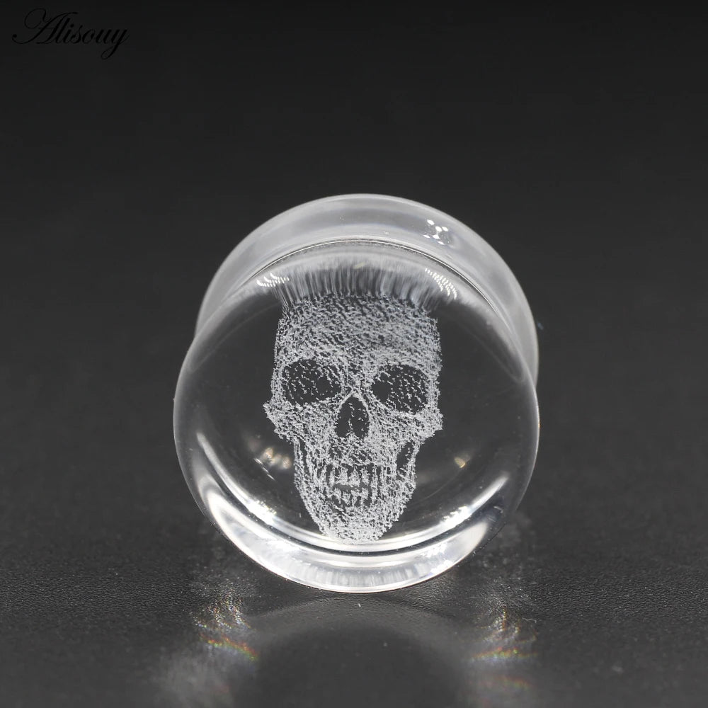 Alisouy 2PCS New Transparent Glass Skull Flared Ear Tunnels Plugs Flesh Stretcher Expander Gauges Earrings Piercing Body Jewelry