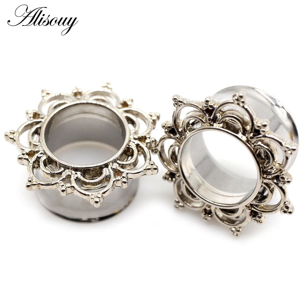 Alisouy 2pcs Copper Brass Stainless Steel Flower Ear Plugs Tunnel Expanders Stretcher Gauges Flesh Piercing Earring Body Jewelry