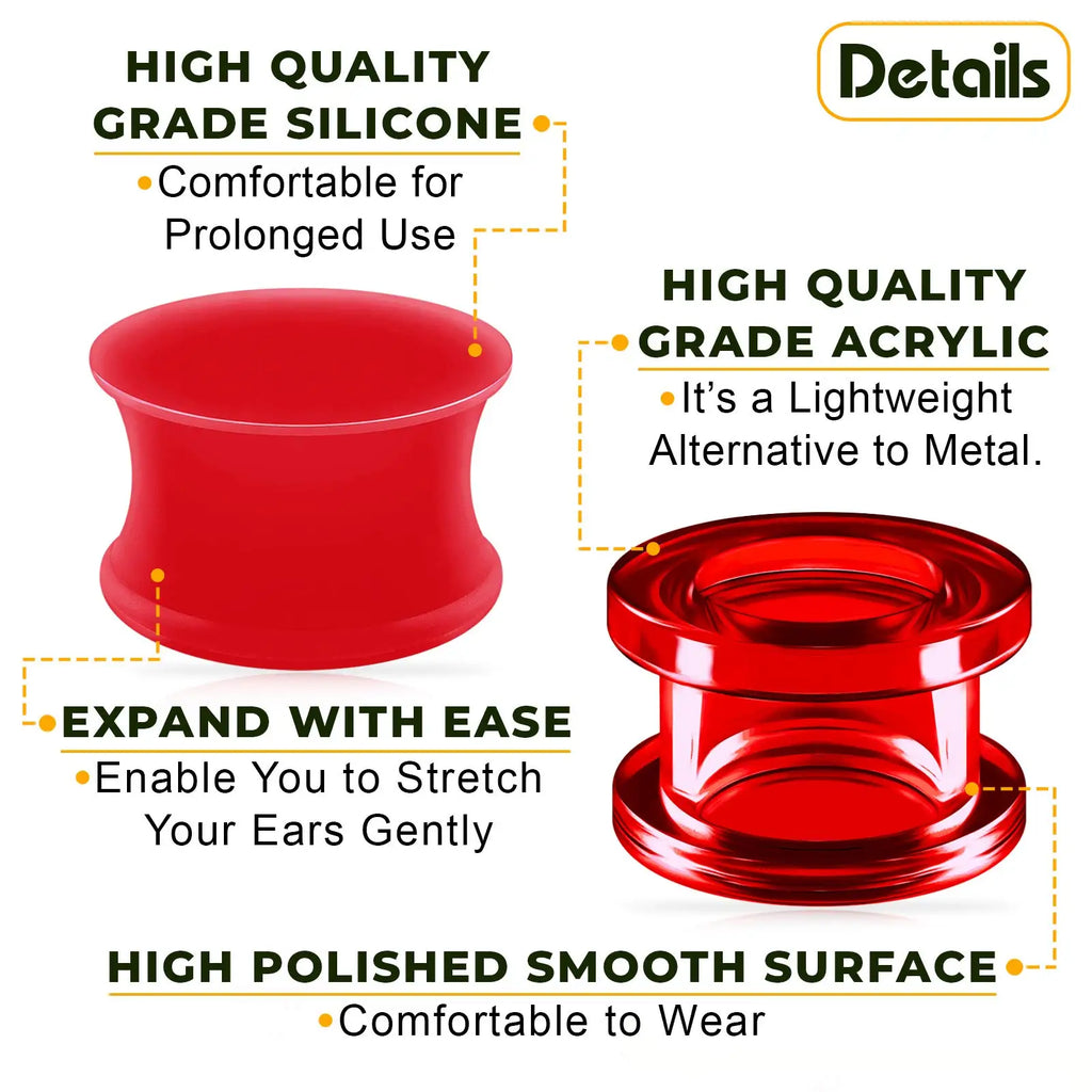 1 Pair Red Silicone Double Flared Saddle Piercing Jewelry Stretcher Ear Plugs Earring Lobe Acrylic External Flesh Tunnel 3-20mm