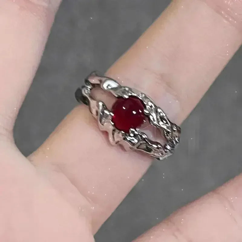 Goth Punk Retro Red Crystal Love Heart Cross Geometry Irregular Open Ring Set Y2K Halloween Accessories for Women Kpop Jewelry