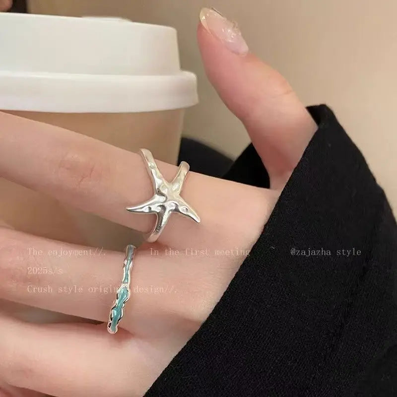 Goth Punk Retro Red Crystal Love Heart Cross Geometry Irregular Open Ring Set Y2K Halloween Accessories for Women Kpop Jewelry