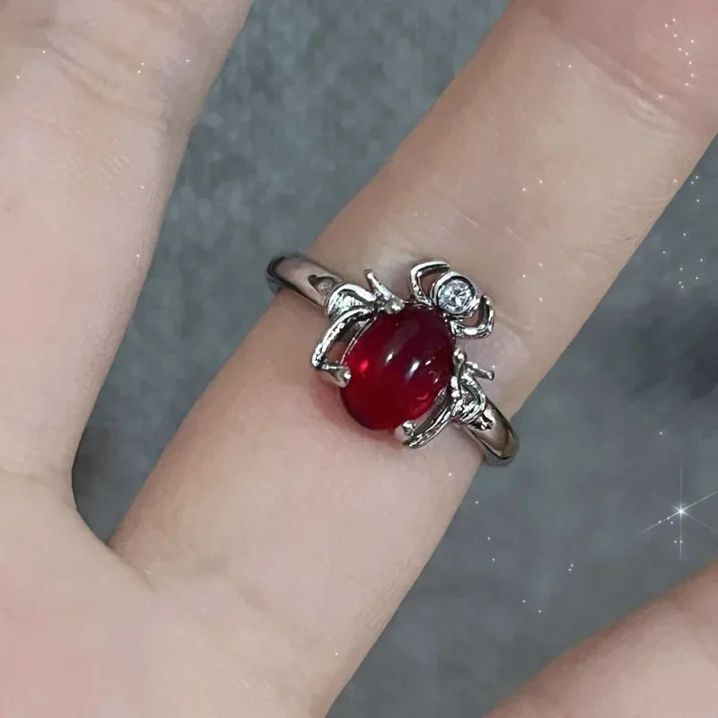 Goth Punk Retro Red Crystal Love Heart Cross Geometry Irregular Open Ring Set Y2K Halloween Accessories for Women Kpop Jewelry