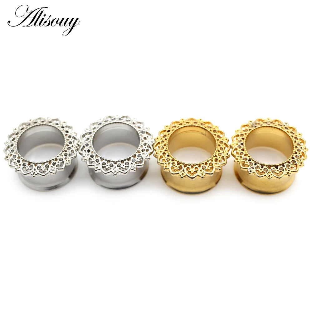 Alisouy 2pcs Copper Brass Stainless Steel Flower Ear Plugs Tunnel Expanders Stretcher Gauges Flesh Piercing Earring Body Jewelry